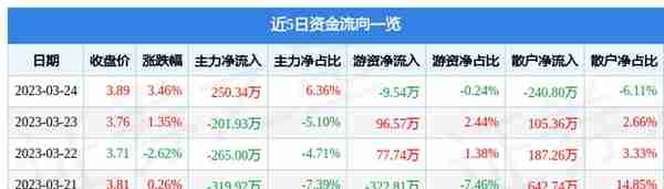 ST中基（000972）3月24日主力资金净买入250.34万元