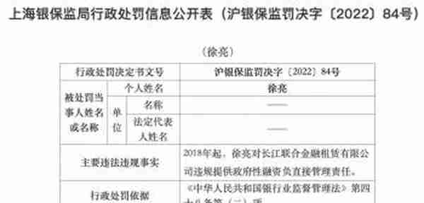 违规提供政府性融资等，长江联合金融租赁被罚255万