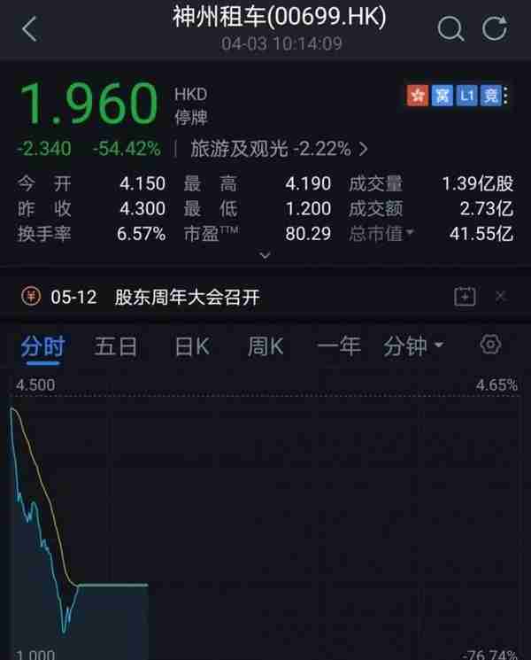 神州租车停牌！盘中一度暴跌70% 大股东身家蒸发近百亿