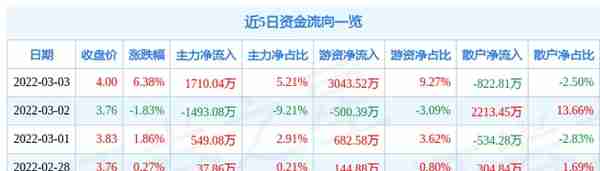 京蓝科技3月3日主力资金净买入1710.04万元