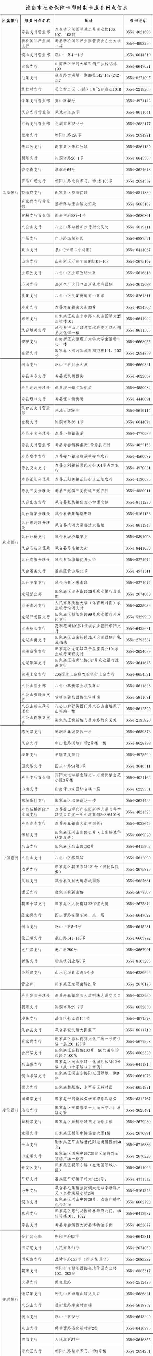 收藏！淮南社保卡即时制卡网点一览