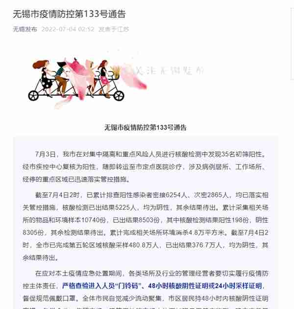 江苏无锡昨日新增35例阳性感染者 详情公布