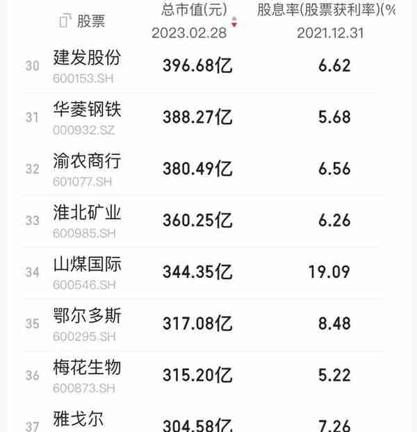 2022年股息率最高的37家股票 时间+股息 持续反复投资某股票