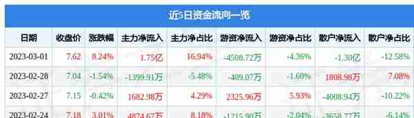 招商轮船（601872）3月1日主力资金净买入1.75亿元