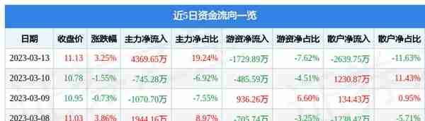 东方通信（600776）3月13日主力资金净买入4369.65万元