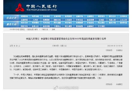 2022年我国系统重要性银行名单发布